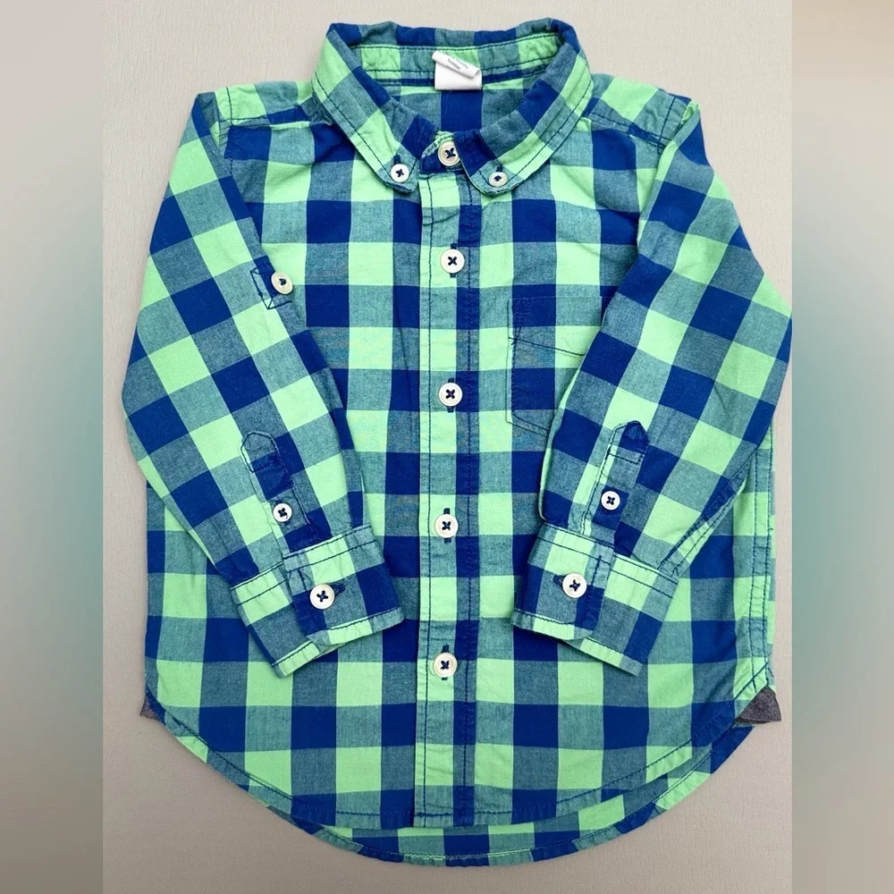 GAP Kids Blue and Green Checkered Button-Down Shirt